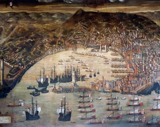 Vista de Génova y su puerto, Pintura de Cristoforo Grassi (1565-1598), Italia