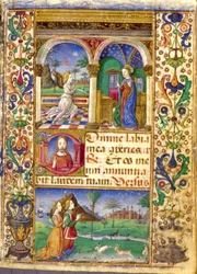 Anunciación, Libro de Horas Borromeo, con Giovanni III Borromeo y su esposa Cleofa Pio da Carpi en oración.