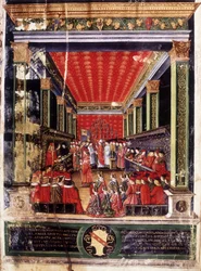 Investidura de Ludovico Maria Sforza, llamado el Moro (1452-1508) - iluminación del misal del cardenal Arcimboldi, realizada por el célebre miniaturista Cristoforo de Predis. Biblioteca Capitolare, Milán.