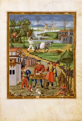Influencia de la Luna: escena de pesca, caza y agricultura (miniatura, c.1470)