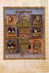 Influencias de Mercurio: los artesanos. Una escena de cocina rodeada de una escena de comida, un copista, un relojero, un armero, un fabricante de órganos, un escultor y un pintor de arte sacro (miniatura, c.1470)