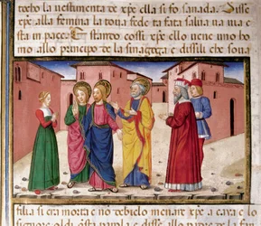 Jesús se dirige a la mujer culpable de adulterio (miniatura de Cristoforo De Predis)