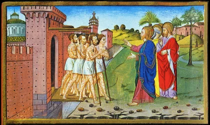 Jesús y los leprosos. Miniatura de Cristoforo de Predis - en Historia del nuevo testamento