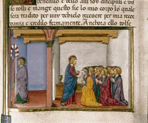 Jesús da pan al apóstol, símbolo de su cuerpo, mientras Judas sale. Miniatura de Cristoforo De Predis (1440-1486) después de la Historia del Nuevo Testamento