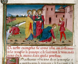 Jesús da vista a un ciego de nacimiento (Miniatura de Cristoforo De Predis, 1440-1486, después de la Historia del Nuevo Testamento, fol. 7)
