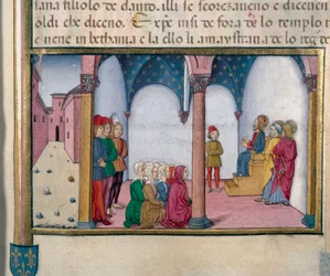 Jesús enseñando en el templo. Miniatura de Cristoforo De Predis (1440-1486) después de la Historia del Nuevo Testamento
