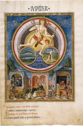 Júpiter con signos del zodiaco de Piscis y Sagitario. Comerciantes vendiendo varios artículos. (miniatura, c.1470)