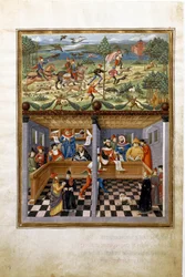 Influencia de Júpiter: caza y corte. (miniatura, c.1470)