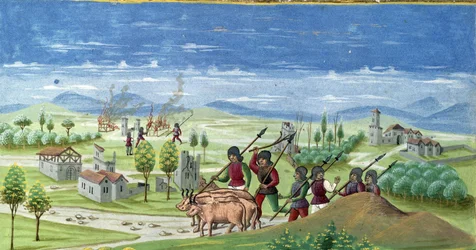 Saqueo durante la guerra (detalle). Miniatura realizada por Cristoforo de Predis (v. 1440-v. 1486) - en “De Sphaera” d