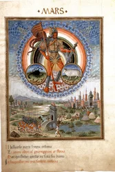 Marte con los signos del zodiaco de escorpión y aries. Las escenas de batalla (miniatura, c.1470)