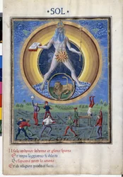 Sol con el signo zodiacal del león. Abajo hay escenas de ejercicios físicos de hombres. Miniatura realizada por Cristoforo de Predis (v. 1440-v. 1486) - en “De Sphaera” d