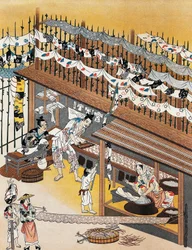 Artesanos trabajando, pintando biombos de seda, período Edo (1600-1868)