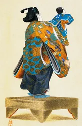 Titiritero con marioneta visto desde atrás, impresión artística ukiyo-e, reproducción de xilografía, civilización japonesa, periodo Edo