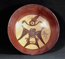 Arte precolombino, civilización nazca: jarra de terracota decorada con la representación de un ave. 100 a. C.-800 d. C. Lima, Museo Nacional de Antropología y Arqueología, Perú
