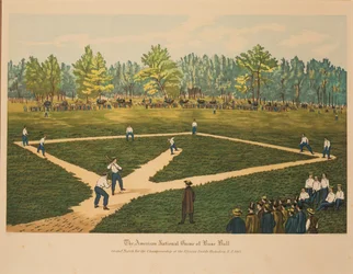 El juego nacional estadounidense del béisbol, ca. 1866.
