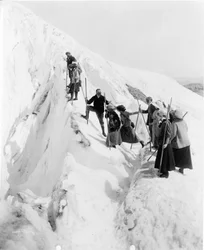 Grupo de hombres y mujeres escalando el Glaciar Paradise en el Parque Nacional Mt. Rainier, Washington