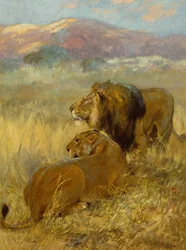 Un león y una leona protegen su territorio (óleo sobre tabla)