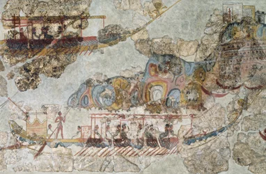 Flota de barcos, fresco de Thera, Islas Cícladas del Sur, Grecia, civilización cicládica, 3er-2do milenio a.C.