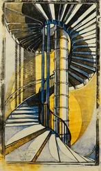 The Tube Staircase, c.1930 (linograbado impreso en colores sobre tejido japonés)