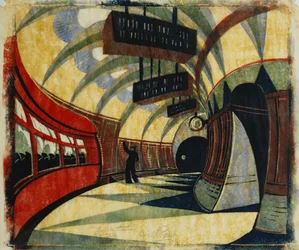 The Tube Station, c.1932 (linograbado impreso en colores sobre tejido Japón)