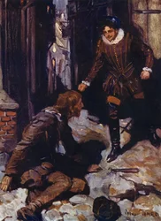 Cayó sobre los adoquines, y yo me paré sobre él mientras yacía y gemía