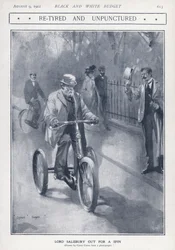 Político conservador inglés y primer ministro Lord Salisbury montando un triciclo