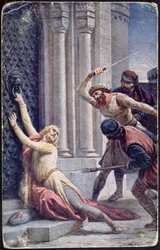Asesinato de san Wenceslao por su hermano Boleslav en los escalones de una iglesia, postal de principios del siglo XX