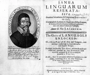 Frontispicio y portada de Janua Linguarum Reserata con un retrato de Jan Amos Komensky, grabado por George Glover, 1650