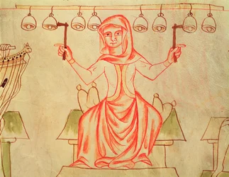 Ms XXIII C.124 Músico tocando campanas, de la Biblia de Velislav, c.1340