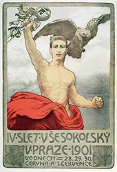 Póster publicitario de la 4ª Asamblea de los Sokols en Praga en 1901