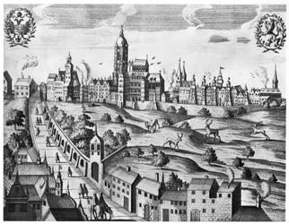 Vista de Praga mostrando el Palacio Imperial y el Colegio de Teología, c.1618