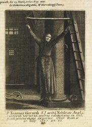 John Gerard, sacerdote jesuita inglés, suspendido con cadenas en el muro del calabozo de la Torre de Londres (grabado)