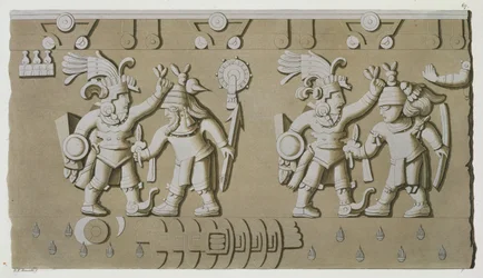 Bajo relieve de antiguos guerreros aztecas, de la Piedra de Tizoc conmemorando a un gobernante sosteniendo a sus cautivos por la cabeza