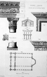 Plano y detalles arquitectónicos de Imbrohor Dzamissi, la Iglesia de San Juan Bautista, de 