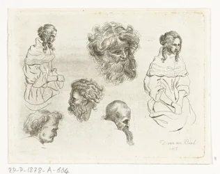 Hoja de estudio con cabezas y cuerpos femeninos.