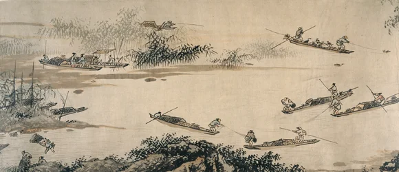Pescadores en un río otoñal