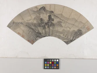 Mountain Landscape With Figures (tinta sobre papel salpicado de oro, pintura en abanico)