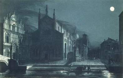 Escena nocturna de la Iglesia de SS. Giovanni y Paolo, Venecia, grabado por Brizeghel