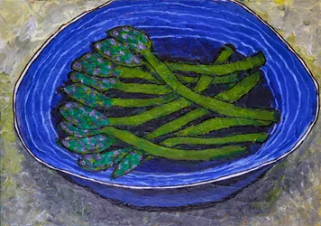 Espárragos verdes en un cuenco azul