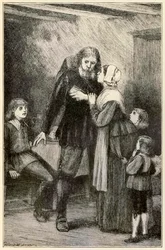 Cristiano confía en su esposa de El progreso del peregrino de este mundo al venidero por John Bunyan (1628-1688) ilustración de Thomas Dalziel (1823-1906)