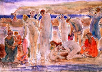 Bañistas (acuarela y lápiz sobre tabla)