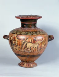 Hidria que representa la partida de un guerrero, Estilo Corintio