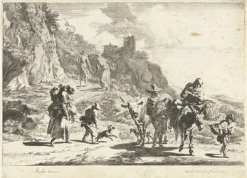 Mujer en un burro lleno, hombre con vaca y otros viajeros en el paisaje montañoso Paisajes del sur (título de la serie)