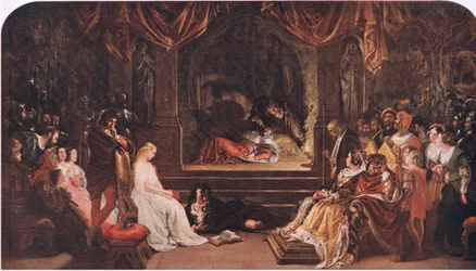 Hamlet y los jugadores (Hamlet) "He poisons him I the garden for the state", de The Complete Works of William Shakespeare pub.by J Coker & Co Ltd (colour litho)