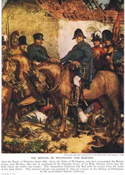 El encuentro de Wellington y Blucher, c.1940s (litografía en color)