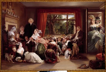 El juego de la zapatilla de caza Escena de juego en un interior burgués inglés. Pintura de Daniel Maclise (1806-1870) Siglo XIX Colección privada