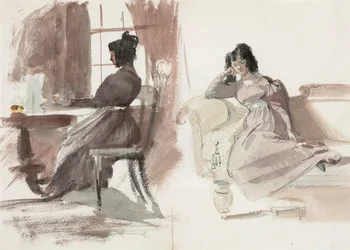 Estudios de una joven con vestido rosa, sentada en su escritorio y sentada en una chaise longue (lápiz y acuarela sobre papel)