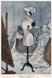 Madame Jeanne Paquin, modista francesa, representada con la cruz de la Legión de Honor que acaba de obtener - ilustración de Daniel De Losques en “Fantasio” de 1913