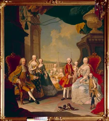 Francisco I del Sacro Imperio (1708-1765) y su esposa la emperatriz María Teresa I (1717-1780) con sus once hijos en la terraza del castillo de Schönbrunn. La futura reina María Antonieta posa en el centro aún bebé