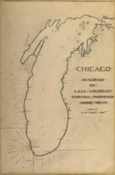 Placa 35 del Plan de Chicago 1909: Chicago, y Diagrama del Lago Michigan. Carretera propuesta
